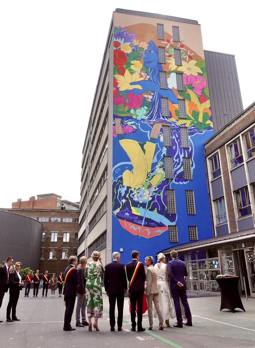 Unveiling of comic mural and comic strip workshop state visit Belgium King Willem-Alexander and Queen Máxima